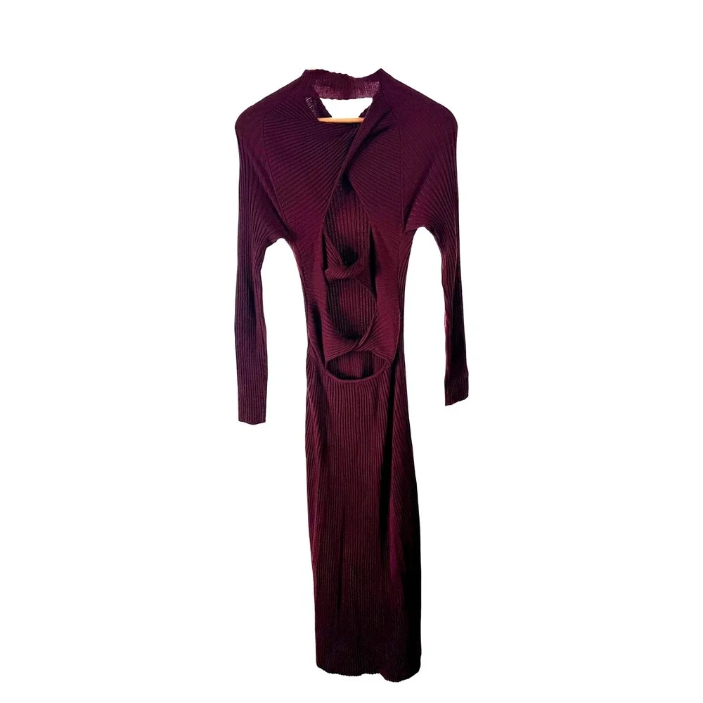 Lush "After Hours" Ribbed Knit Maxi Dress M Burgundy Long Sleeve Cutout Mock - Picture 3 of 8